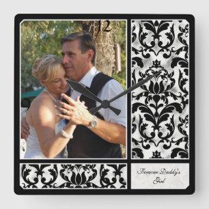 Aged Vintage Damask Pattern Wedding Photograph Vierkante Klok