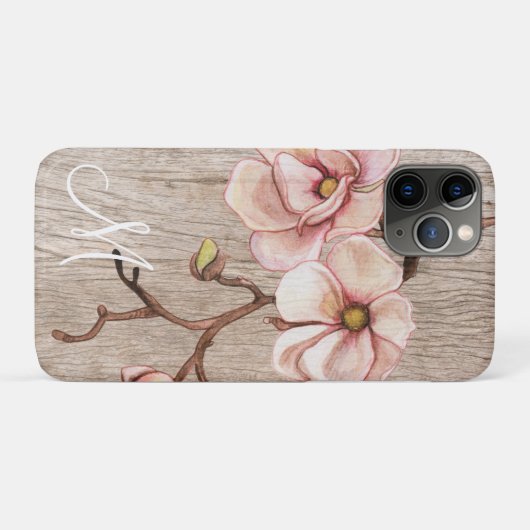 Aged Wood Monogram met Roze Magnolias Case-Mate iPhone Case (Achterkant (horizontaal))