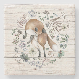 Aged Wood Monogram Naam Floral Fox Stenen Onderzetter