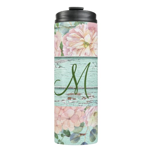 Aged Wood Monogram Naam met Hydrangea Bloom Thermosbeker (Voorkant)