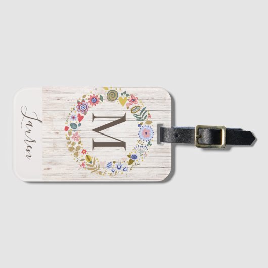 Aged Wood Monogram whimsical Flowers Bagagelabel (Voorkant (horizontaal))