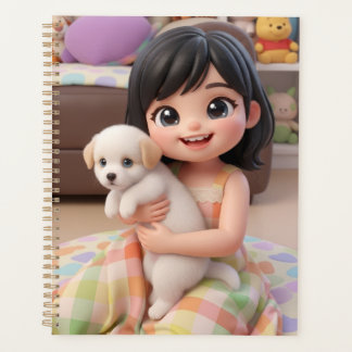 Agenda Fille Chibi Mignonne Enlaçant un Chien Blan