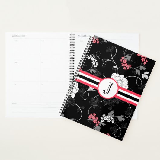 Agenda Fleurs Tourbillons Noir Rose (Devant avec enveloppe)