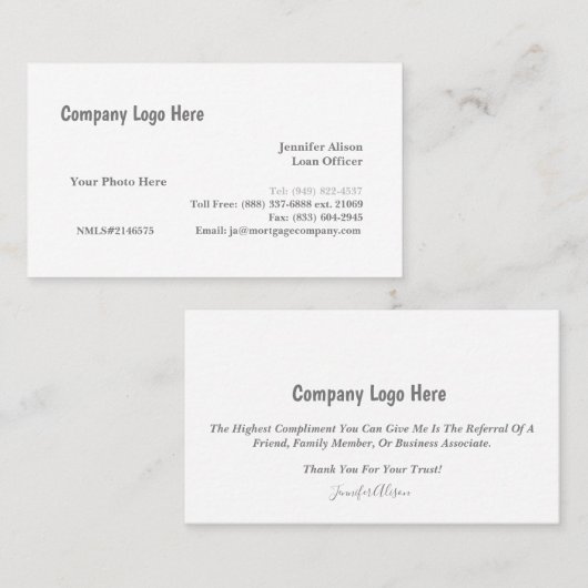 Agent de prêt / Hypothèque / Carte de visite immob (Devant / Derrière)