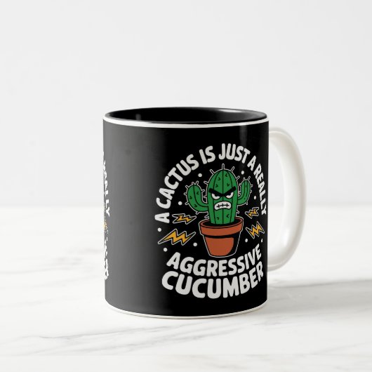 Aggressive Cucumber – Funny Cactus Pun Tweekleurige Koffiemok (Voorkant rechts)