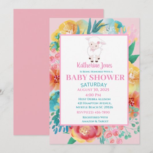 Agneau mignon rose Baby shower Floral Invitation (Devant / Derrière)
