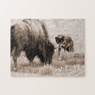Agressieve bizon en zwarte wolf legpuzzel