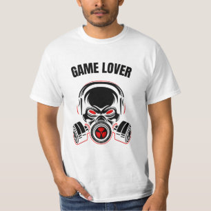 Agressieve schedel in gasmasker met hoofdtelefoon t-shirt