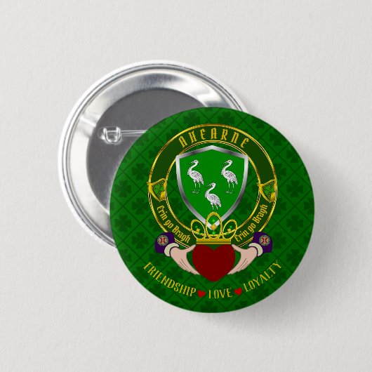 Ahearne Ierse Schild & Claddagh Ronde Button 5,7 Cm (Voorkant /achterkant)