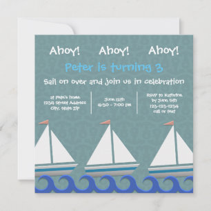 Ahoy Ahoy Ahoy 3 Sailships - Birthday Invitation Kaart