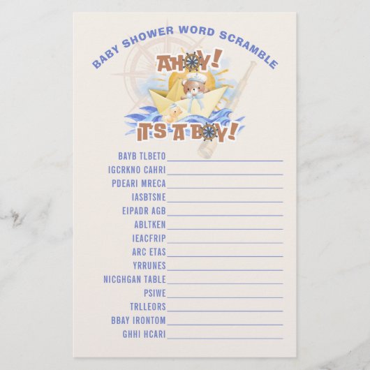 Ahoy! Baby Boy Douche Woord Scramble Game Kaart (Voorkant)