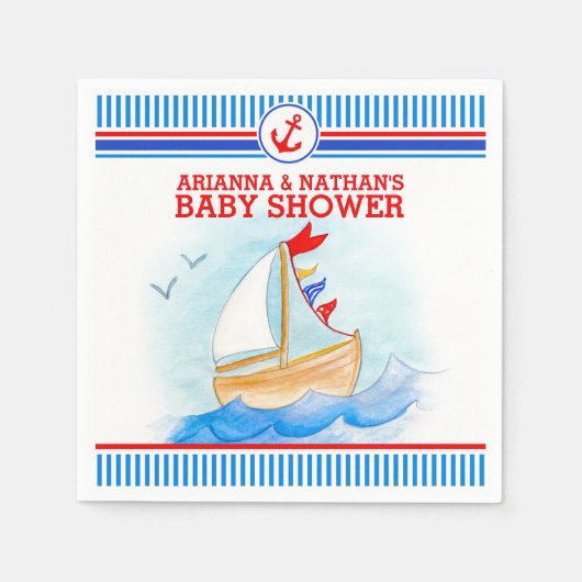 Ahoy boys baby shower boot nautische waterverf servet (Voorkant)