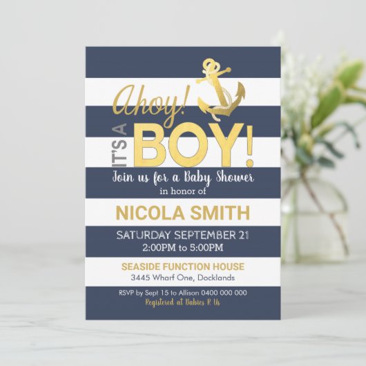 Ahoy c'est un Baby shower garçon Invitation Gold N (Debout devant)