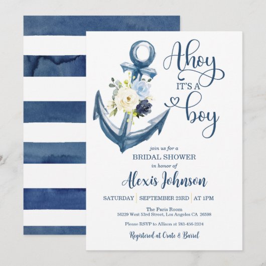 Ahoy C'est un garçon Ancre Baby shower Invitation (Devant / Derrière)