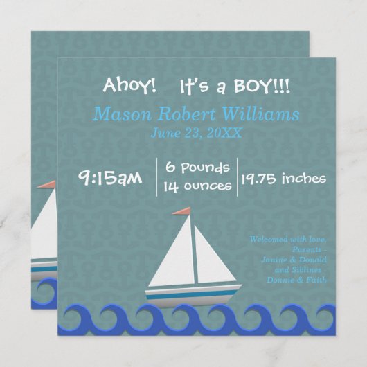 Ahoy, C'est un garçon - Faire-part de naissance (Devant / Derrière)