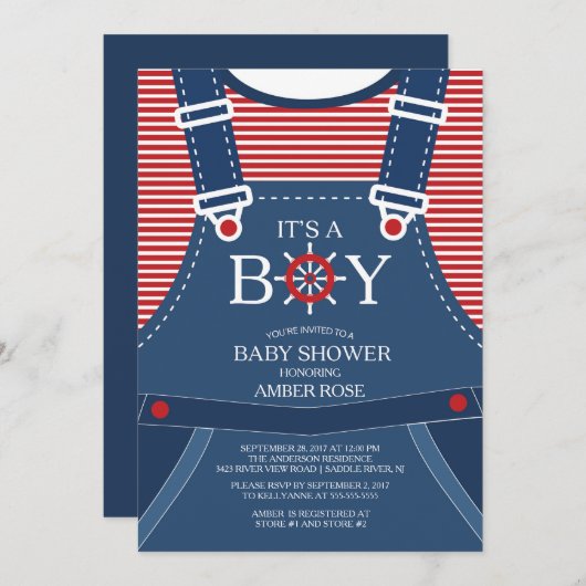 Ahoy C'est un garçon ! Invitation Baby shower naut (Devant / Derrière)
