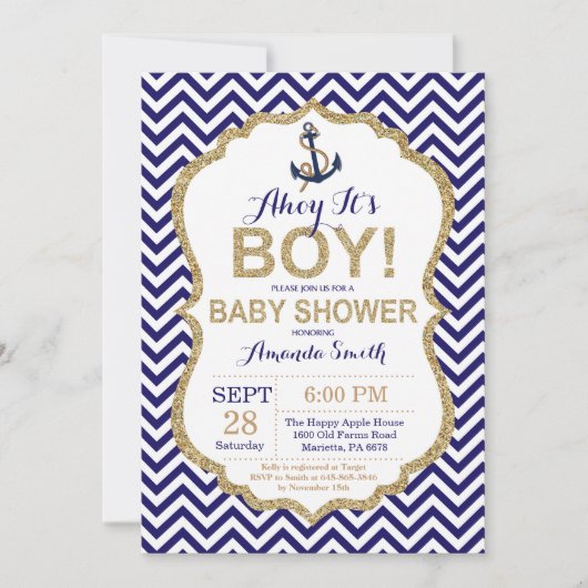 Ahoy c'est un garçon ! Invitation Baby shower naut (Devant)