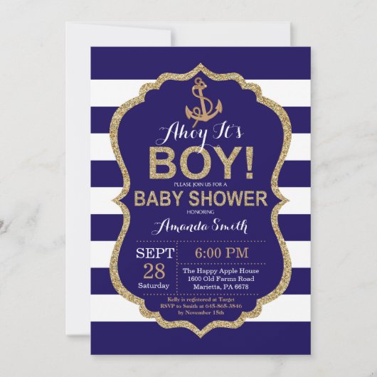 Ahoy c'est un garçon ! Invitation Baby shower naut (Devant)