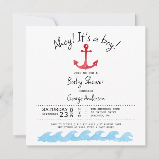 Ahoy C'est un garçon. Invitation baby shower nauti (Devant)