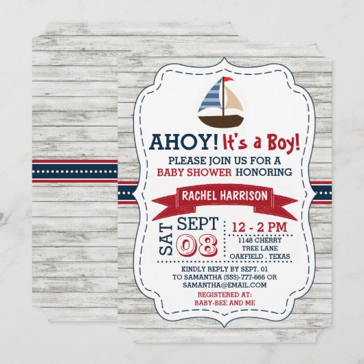 Ahoy C'est un garçon ! Invitations Baby showers na (Devant / Derrière)