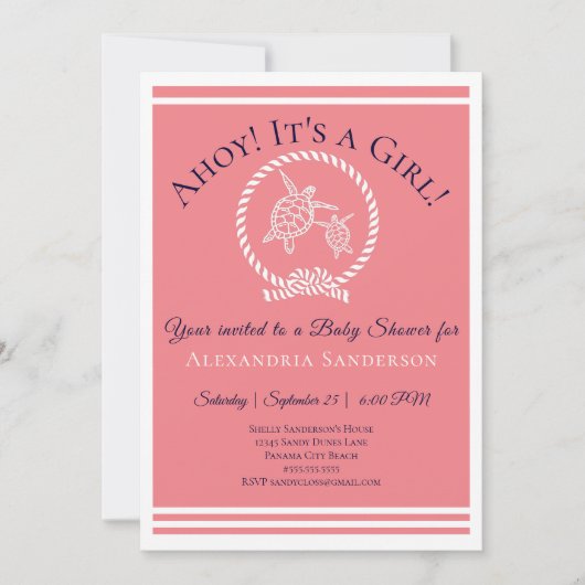 Ahoy c'est une fille ! Invitation Baby shower naut (Devant)