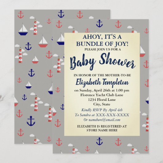 Ahoy Cute Baby shower nautique Invitation (Devant / Derrière)
