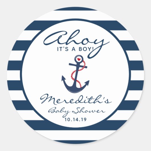 Ahoy, het is een Boy Nautical Baby shower Envelope Ronde Sticker (Voorkant)