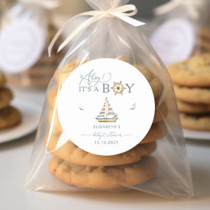 Ahoy Het is een Boy Nautical Sailboat Baby shower Ronde Sticker