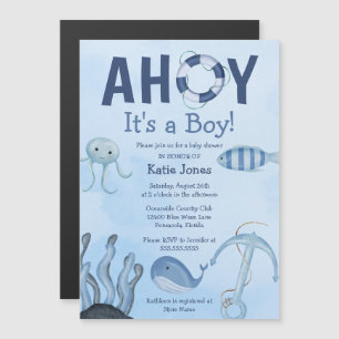 Ahoy Het is een Boy Ocean Animals Kustdieren Baby  Magnetische Uitnodiging