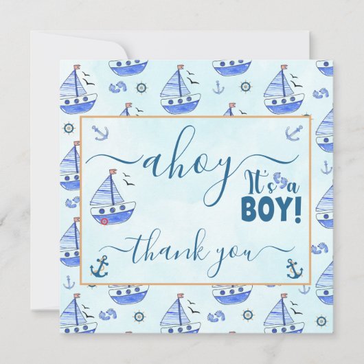 Ahoy het is een Boy Sailboat Nautisch Baby shower Bedankkaart (Voorkant)
