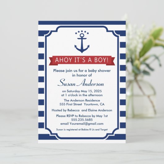 Ahoy. Het is een jongen! baby shower Uitnodiging (Staand voorkant)