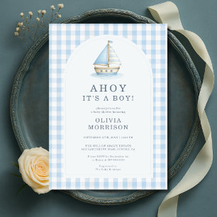 Ahoy Het is een Jongen Blauwe Gingham Baby Shower Kaart