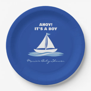 Ahoy het is een jongen! Blauwe Nautische Boot Baby Papieren Bordje