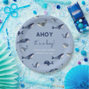 Ahoy, het is een jongen Blauwe Walvis Baby Shower Papieren Bordje