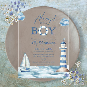 Ahoy Het Is Een Jongen Blauwe Zeevaart Baby Shower Acryl Uitnodigingen