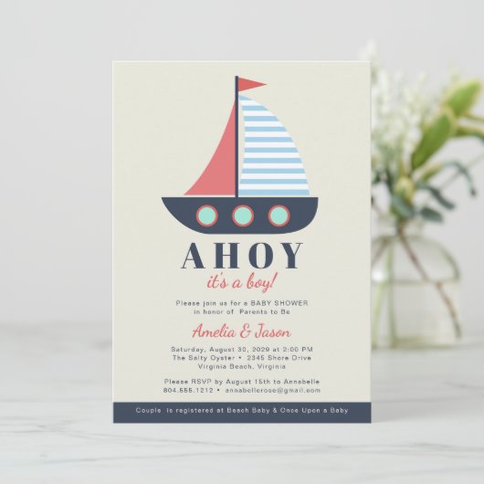 Ahoy Het is een Jongen Koppels Baby shower Uitnodi Kaart (Staand voorkant)