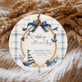 Ahoy Het is een Jongen Marineblauw Geruit Zeilboot Bedankjes Labels