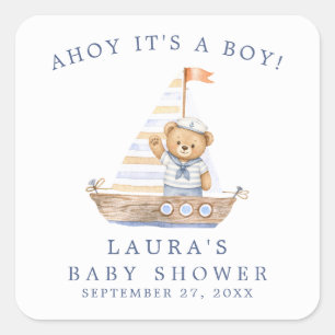 Ahoy Het is een Jongen Nautilus Teddybeer Baby Bor Vierkante Sticker