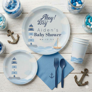 Ahoy Het is een Jongen Nautilus Vuurtoren Baby Sho Papieren Bordje