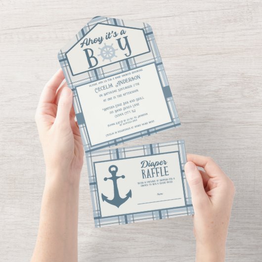 Ahoy Het is een Jongen Nautisch Baby shower All In One Uitnodiging (Afscheurbaar)