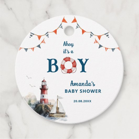 Ahoy Het is een Jongen Nautisch Baby shower Bedankjes Labels (Voorkant)