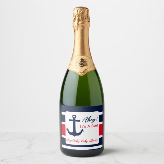 Ahoy, het is een jongen! Nautisch Baby shower Sparkling Wijnetiket (Voorkant)