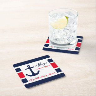 Ahoy, het is een jongen! Nautisch Baby shower Vierkante Kartonnen Onderzetter