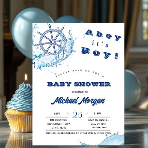 Ahoy het is een jongen, scheepswiel, baby shower m kaart