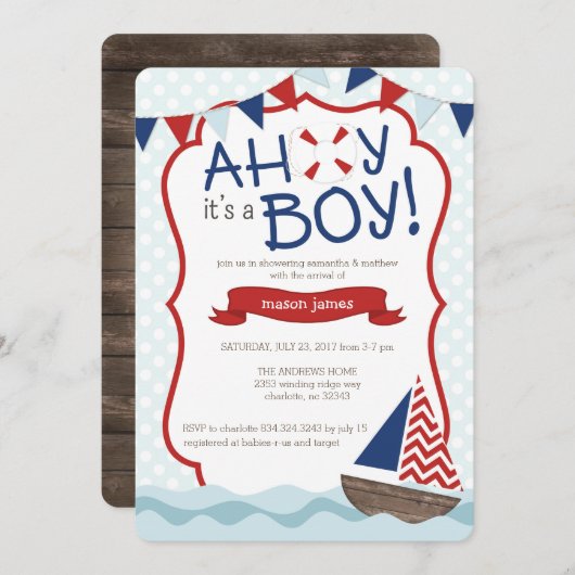 Ahoy, het is een jongen! uitnodiging tot baby show (Voorkant / Achterkant)