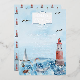 Ahoy Het Is Een Jongen Vuurtoren Oceaan Baby Showe Folie Uitnodiging