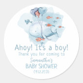 Ahoy het is een jongen walvis Baby shower dank je Ronde Sticker (Voorkant)