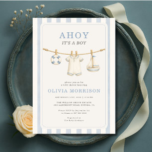 Ahoy het is een jongen waslijn strepen baby shower kaart