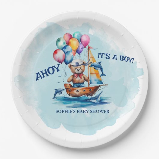 Ahoy is een Boy Nautical Theme Baby shower Papieren Bordje (Voorkant)