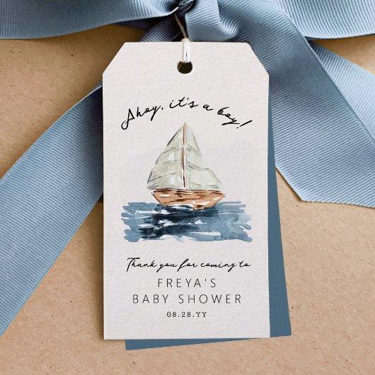 Ahoy is een jongen nautische zeilboot Baby shower Cadeaulabel